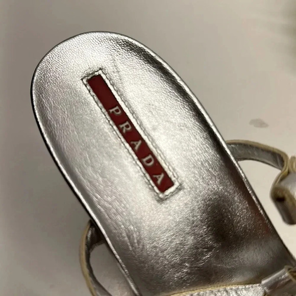 Prada Wedges T-Strap Open Toe High Heel Shoes Leather Yellow Silver Size 38 US 8 - Picture 9 of 12